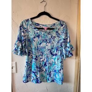 Lilly Pulitzer Lula Ruffle‎ Sleeve Elephant Print Top